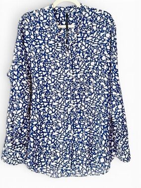 Sara Lanzi Italy Cotton Silk Wool Blend Shirt Bright Navy White Mosaic Pattern S